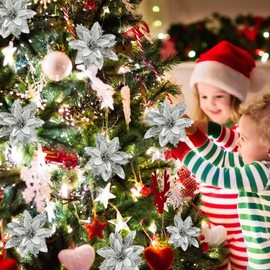 12 Pcs Poinsettia Flowers Artificial Christmas Decorations,Artificial Silver Poinsettia Flowers for Christmas Tree,Fake Glitter Poinsettia 5.5" with Stems Clips for Outdoor Home Decor(Silver)