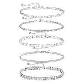 Prosy 5PCS Beach Anklet Summer Foot Jewelry Adjustable Ankle Foot Jewelry for Women (Silver)