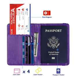 TOURSUIT RFID Blocking Passport Holder for Women Men, Leather Passport Travel Wallet with Metal 3D Metal Badge, Travel Document Holder Cover Accessories (Purple)
