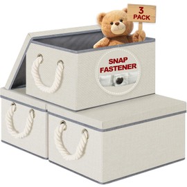 Large Fabric Storage Bins with Lids 3 Pack | Storage Bins for Shelves and Closet Organizers | Folding Rectangle Storage Bins with Handles for Cloth and Magazine,Beige,15"W x 10.5"D x 8.5"H
