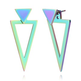 REELMAR Rainbow Triangle Earrings for Women Geometric Ear Jacket Earrings Front and Back Triangle Stud Earrings Stainless Steel Gothic Punk Earrings Jewelry (Rainbow)