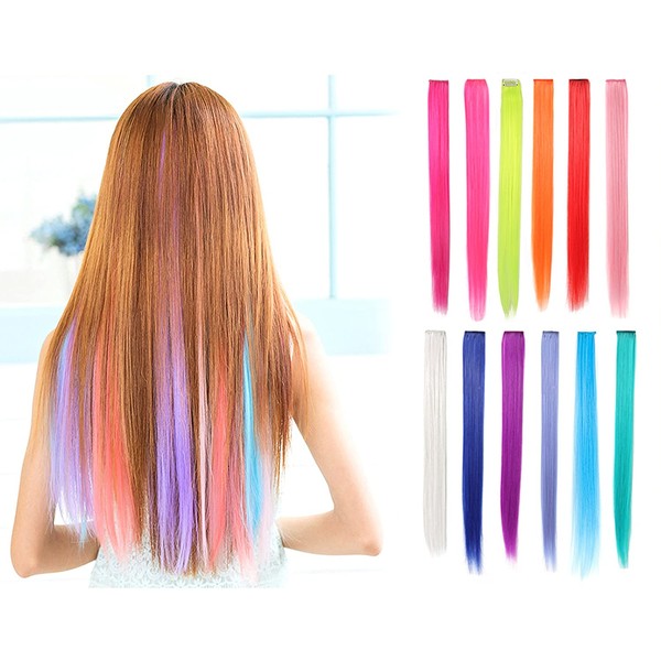OneDor 23 Inch Colored Party Highlights Straight Hair Clip Extensions. Heat-Resistant Synthetic Hair Extensions in Multiple Colors (Full Color Set 12 Pcs)