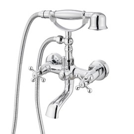 gotonovo Wall Mount Clawfoot Bathtub Faucet with HandHeld Spray and 360° Double Cross Handle Swivel Spout Vintage Tub Shower Faucet Set with Adapter Adjustable Swing Arms Polish Chrome