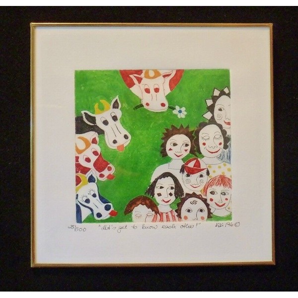 Signed KIKI Suarez Etching "Let's get to know each other" 1996 500 ed  SO CUTE!