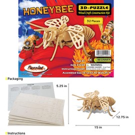 Puzzled 3D Puzzle Honeybee Wood Craft Construction Model Kit, Unique & Educational DIY Wooden Insect Toy Assemble Bee Model Unfinished Crafting Hobby Puzzle to Build & Paint for Decoration 32pcs Pack