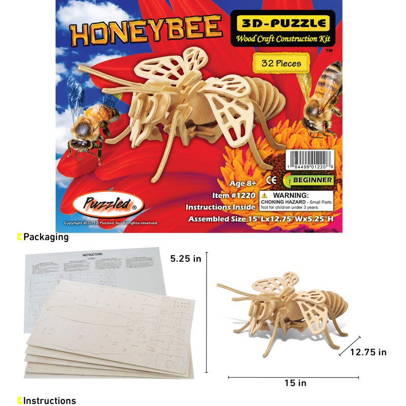 Puzzled 3D Puzzle Honeybee Wood Craft Construction Model Kit, Unique