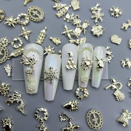 50Pcs Christmas Nail Charms Gold Christmas Charms for Nails Design Alloy Xmas Tree Snowflake Elk Nail Charm Nail Jewelry Christmas Wreath Bell Holiday Nail Art Charms Nail Jewels for Nail Art Supplies