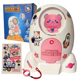 Rocket Ship Piggy Bank for Boys Money Safe Astronaut Piggy Banks for Kids Cash Coin Can ATM Bank Coin Money Bank for Kids with Key Astronaut Sticker Practical Gifts for Children Boys and Girls (Blue) - Color: Pink White