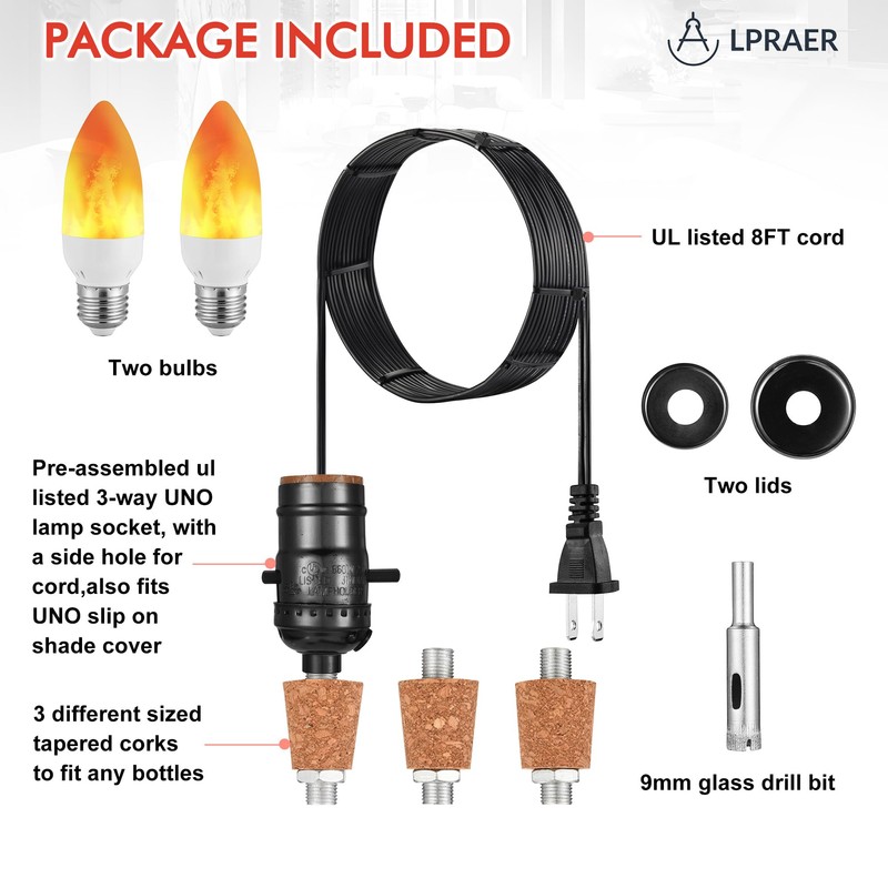 2 Set DIY Wine Bottle Lamp Kit with E26 LED