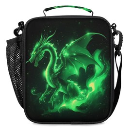 KATHRYNAYA Green Dragon Kids Lunch Box Boys Insulated Lunch Bag Reusable Portable Lunchbox with Adjustable Shoulder Strap and Water Bottle Holder for Work School Travel