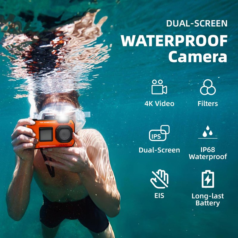 Underwater Camera, Waterproof Camera, 33 ft(10 Meters) Waterproof, 64GB Memory,