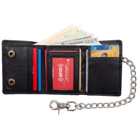 Paul Walter Genuine Leather Trifold Biker Wallet Black With RFID Blocking/Long Silver Chain