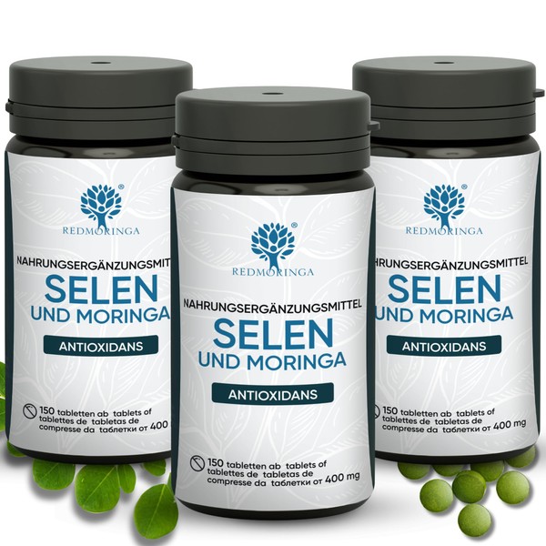 Selenium Dietary Supplement, 450 Vegan Selenium Tablets with 100 mcg & Organic Moringa, Supports Immune System, Thyroid, Hair and Nails, Made in Italy by Red Moringa®