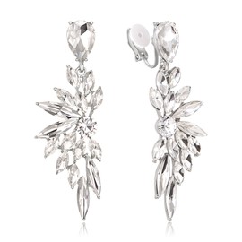 BriLove Clip-on Earrings for Women,Gorgeous Shiny Rhinestones Marquise Cluster Leaf Drop Earring for Wedding Party Prom Jewelry Accessories Clear Silver-Tone