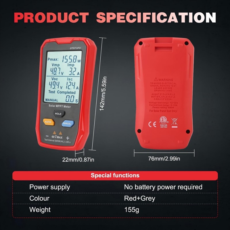 Angchun Solar Panel Tester Meter Photovoltaic Multimeter 800W, Solar MPPT