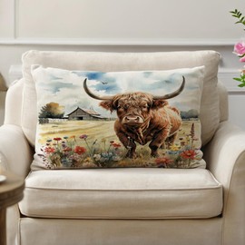 JAERUE Highland Cow Decorative Throw Pillow Covers with Wildflowers 12×20 Inch Farmhouse Rustic Cushion Cover Western Cows Lumbar Pillowcase 2Pack for Couch Sofa (Yellow)