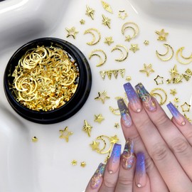 2 Box Gold Star Nail Charms Nails Art Studs Sparkle Rhinestones Hollow Moon Star Shaped Nail Jewelry Metallic Star Decorations Nail Gems Supplies for Women Girls Acrylic DIY Nail Art Accessories