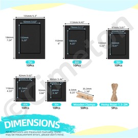Cimeton 50Pcs Black Paper Picture Frames 3" 4" 5" 6" 7" Cardboard Picture Frames Kit with Wooden Clips and String Paper Photo Frame DIY Cardboard Photo Frames for Wall Decor