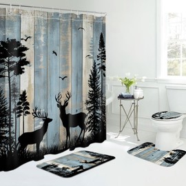 MYUSRE Rustic Cabin Deer Shower Curtain Set with Bathroom Rugs, 72x72 inch