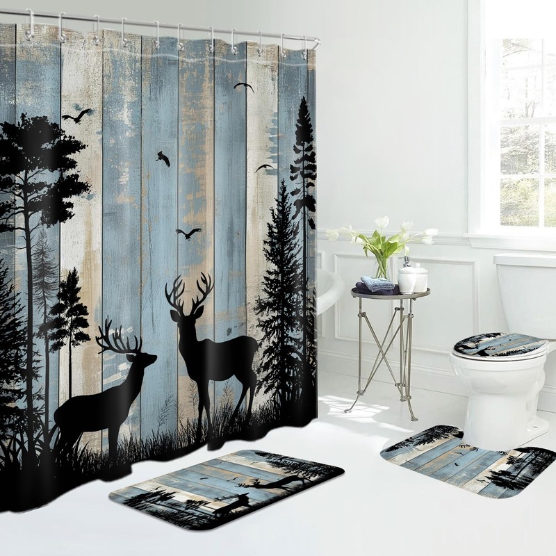 MYUSRE Rustic Cabin Deer Shower Curtain Set with Bathroom Rugs,