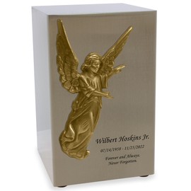 Angelic Themed Adult Cremation Urn for Ashes - Pewter Finish Steel Urn - Features a Bronze Finished Angel Applique - 200 Cubic Inch Capacity Funeral Urn - Includes Personalization