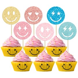 Gyufise 24Pcs Preppy Smile Face Cupcake Toppers Glitter Star Lightning Y2k 2000s Pink Party Bachelorette Cupcake Picks for Preppy Y2k Theme Bachelorette Birthday Party Supplies Colorful 1