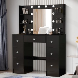 Yamissi Black Makeup Vanity Set Lights Mirror Dressing Table Dresser Desk w/ 7 Drawers