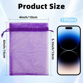 100PCS Organza Bags, 4x6Inch Premium Sheer Organza Bags, Wedding Favor Bag, Jewelry Pouches Mesh Gift Bag Candy Drawstring Bag for Jewelry Valentines Day Festival Party Wrapping Supplies Dark Purple