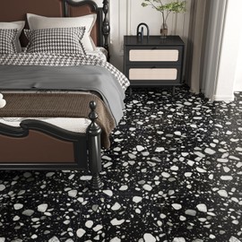 VaryStyle Black and White Terrazzo Peel and Stick Floor Tiles Waterproof Bathroom Flooring Tiles 18 Sheets Vinyl Flooring Removable Temporary Sticky Tile for Floor Kitchen Living Room Renters 12"x12"