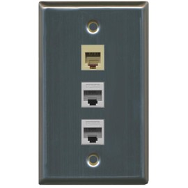 RiteAV - 1 Port Phone RJ11 RJ12 Beige 2 Port Cat6 Ethernet Wall Plate - Stainless Steel