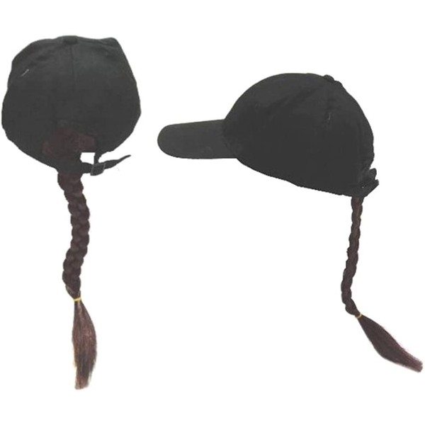 Joke Novelty Baseball Hat with Long Brown Braided Ponytail Fake Hair in The Back of Cap