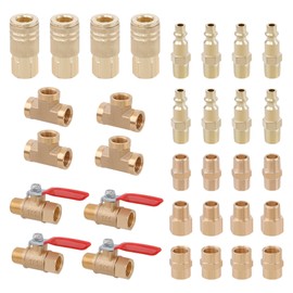 KOOTANS 32PCS 1/4" NPT Brass Pipe Fittings Kit Air Hose Fitings, Ball Valve, Reducer Adapter, Hex Nipple, Hex Coupling, Street Tee Fitting Kits Air Compressor Quick Connect Fittings