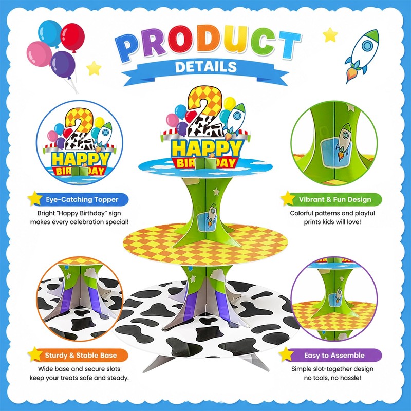 3-Tier 2nd Birthday Cartoon Story Cupcake Stand Rocket Theme Party