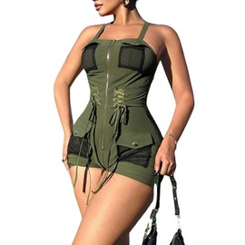 Women's Sexy V Neck Rompers Army Green Shorts Strapped Zipper Front Jumpsuit with Pockets (0060, AG, M)