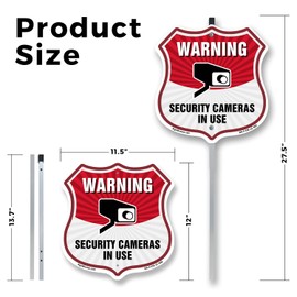 Video Surveillance Shield Sign Warning Security Cameras In Use (10 Pack) 12 inch X 12 inch Shield Shaped Commercial Grade Plastic Signs with Aluminum Mounting Stakes Weather Resistant, UV Protected