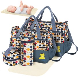 Diaper Bag Tote, Baby Bag for Girls and Boys, 5 Piece Set with Large Medium Tote Bag, Food Bag, Bottle Bag and Changing Pad, Shoulder Straps, Best Baby Shower Gift