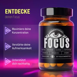 Focus Caps - Your Support for Mental Clarity, Concentration & Energy - With Caffeine, Guarana, L-Tryptophan, Vitamin C, D and B12 - 60 Capsules