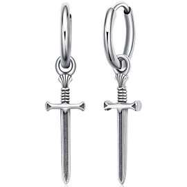 Men's Viking Earrings Silver 925 Viking Thor's Hammer/Viking Axe/Cross/Sword/Feather Viking Earrings Jewellery for Men, Sterling Silver
