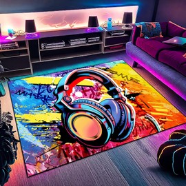 Game Headset Design Area Rugs, Scrawl Style Rugs for Boy’s Girl’s, 60”x40” Cool Non-Slip Game Headset Carpet for Living Room Playroom Bedroom Music Studio Room Decor
