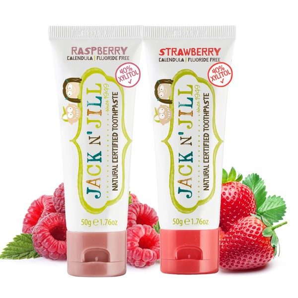 Jack N' Jill Natural Certified Toothpaste - Safe if Swallowed, Contains 40% Xylitol, Fluoride Free, Organic Fruit Flavor, Makes Tooth Brushing Fun for Kids - Strawberry & Raspberry, 1.76 oz (2 Pack)