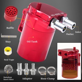 PWR FEVER Upgraded Baffled Oil Catch Can Kit Aluminum Reservoir Tank with 3/8" Strengthened NBR Fuel Line Red 400ml