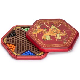 Yellow Mountain Imports Classic Chinese Checkers Halma Board Game Set with Storage, 12.6-inch Wooden Board, and Solid Color 16-Millimeter Glass Marbles