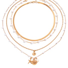 4 Pcs Shell Necklace, 14K Plated Gold Layered Starfish Necklace for Women, Pearl Pendant Charm Jewelry, Non Tarnish Adjustable Stainless Steel Chain Stack Jewelry for Summer Beach Vacation