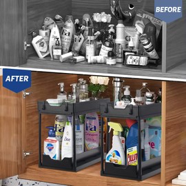 2 Pack Under Sink Organizers and Storage, Under Cabinet Organizer for Kitchen Organizer Multi-purpose Under Kitchen Sink Storage Under Sink Organizers with 4 Hooks (Black-2Pack)