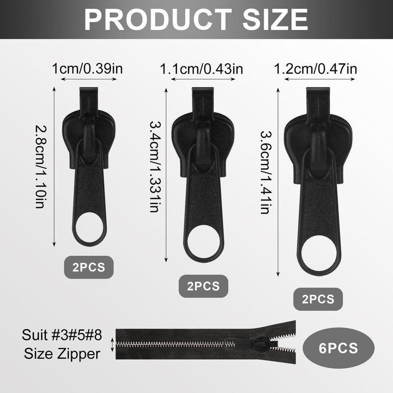 6pcs Zipper Repair Kit 3 Sizes Removable Zip Slider Puller