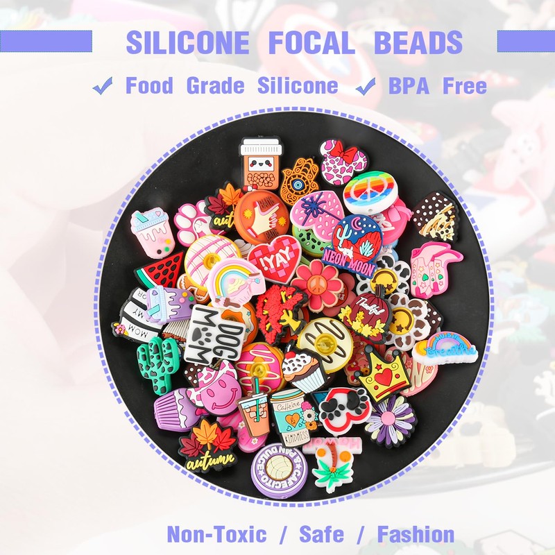 110Pcs Non-Repeat Cartoon Silicone Focal Beads for Pens, Random Focal