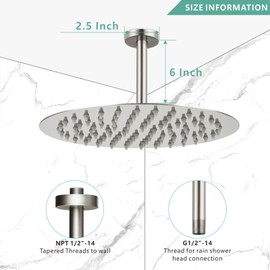 Voolan Shower Arm with Flange, Ceiling Mounted Fixed Shower Pipe, Bathroom Straight Rain Shower Replacement Arm, Universal Connection 1/2 NPT (6 Inch, Brushed Nickel)