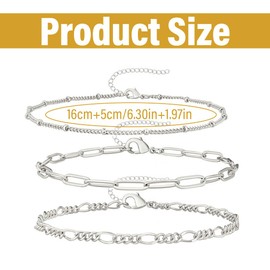 SIRLOMU 6 Pieces Chain Bracelets for Women 14 Carat Gold-Plated Twist Figaro Adjustable CZ Fashion Jewellery Bracelet Set (Silver)