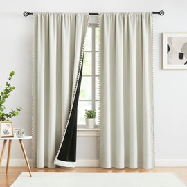Treatmentex Pompom Blackout Window Curtain Panels Natural Ivory Full Blackout Curtains for Bedroom Basement Small Windows 52" W x 45" L 2 Panels Rod Pocket