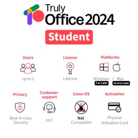 TrulyOffice 2024 Student Lifetime License for Windows | 3 in 1 All Access TrulyOffice Suite | Words, Sheets, Slides | 2 Users | Physical Activation Card